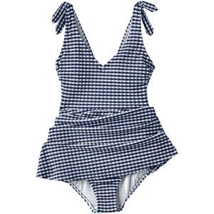 Land's End Plus Size One Piece Swimsuit tie shoulder soft gingham navy white 18W